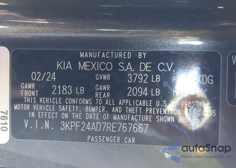 2024 Kia Forte Lxs из США, поврежденный, VIN 3KPF24AD7RE767667